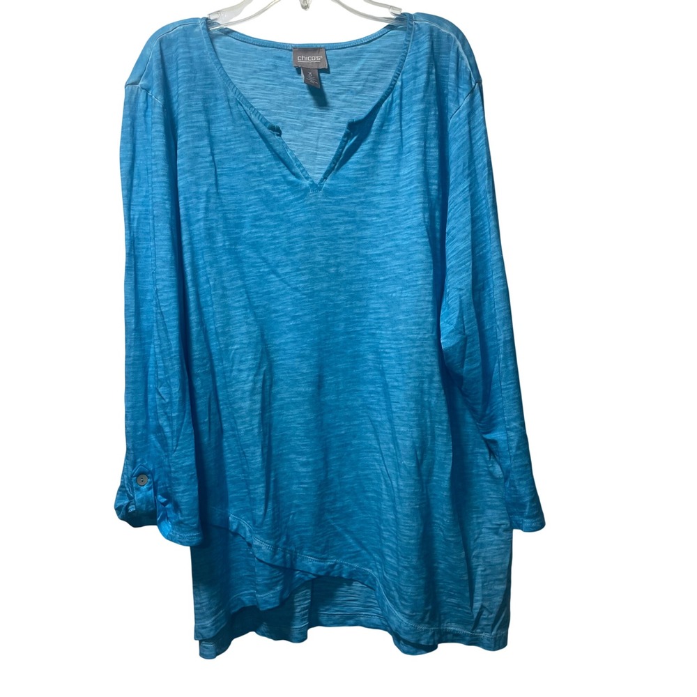 Chicos Blue Slub Cotton Crossover Tulip Hem Roll Tab Sleeve Top Size 3 L XL
